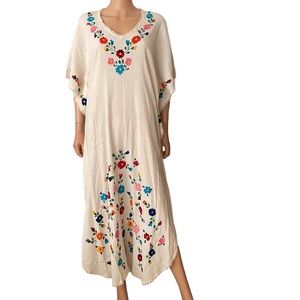 Vintage 1970s Mexico Hand-Embroidered Floral Wedding Dress OS
